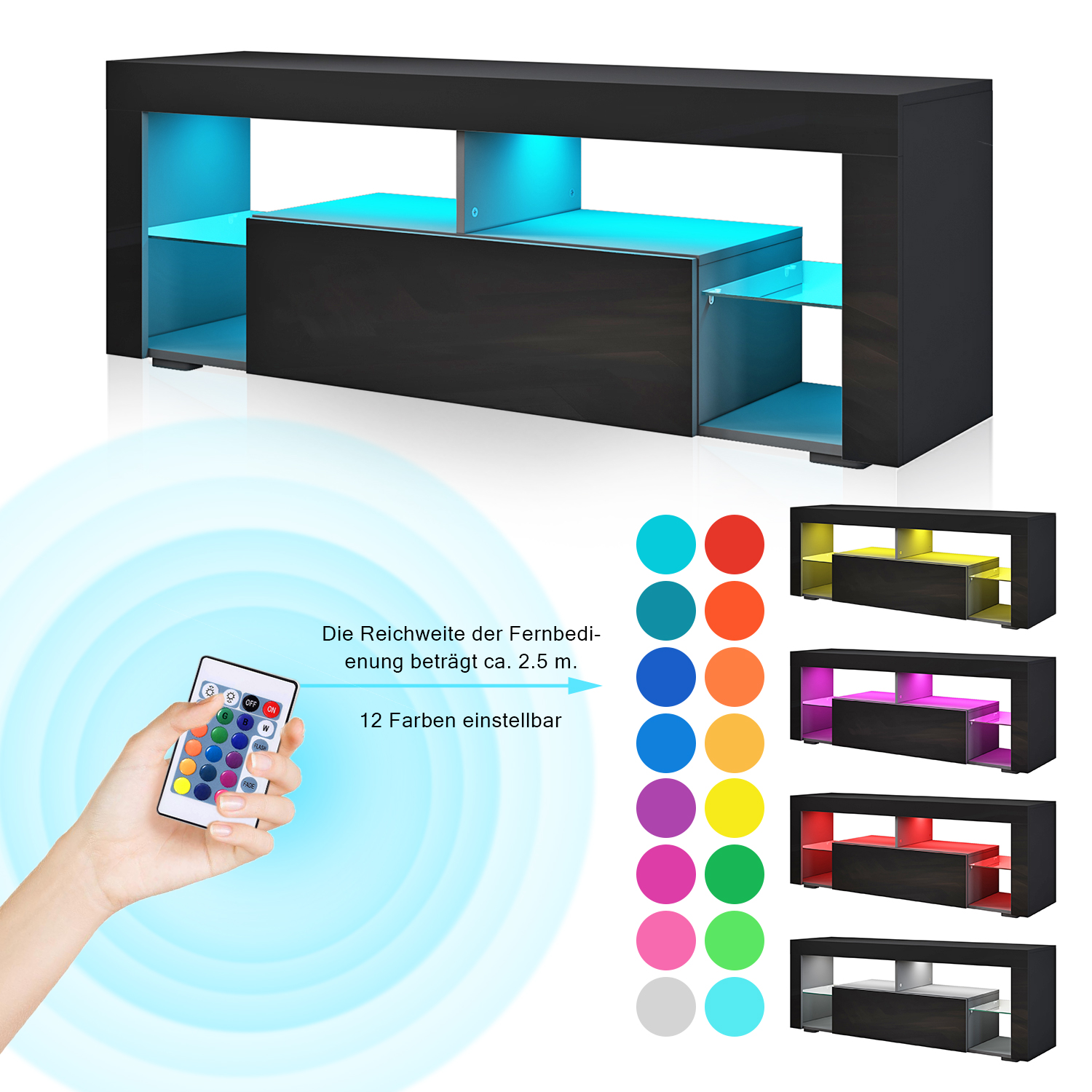 SONNI Armoire TV noire TV Lowboard avec éclairage LED 140x35x50.5cm, avec porte abattante