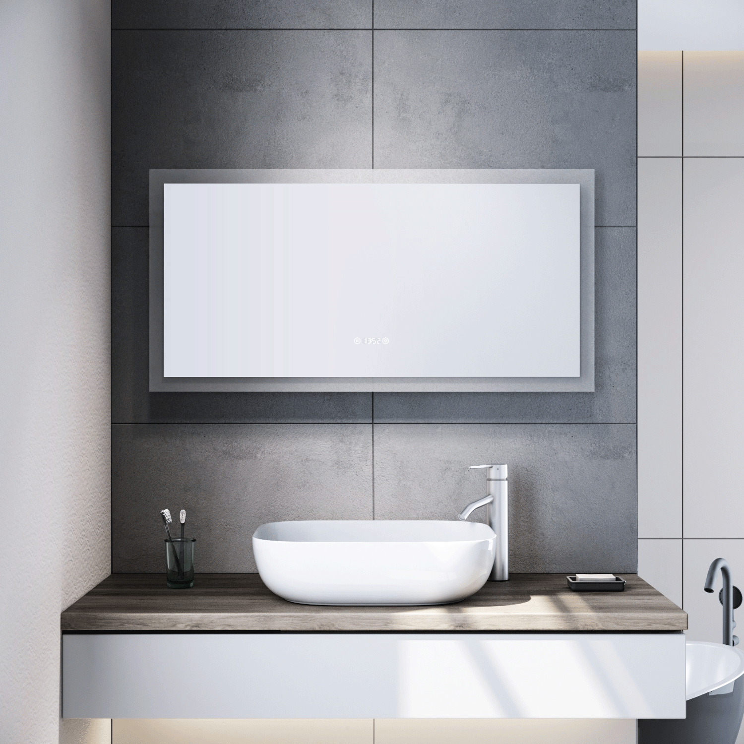 SIRHONA Armadio Specchio Bagno 70x60x13cm con Antenna in Vetro, Specchio Anti-Appannamento Locale 3 Luci e Ripiano in Vetro con Presa - Grigio Marocco | Leroy Merlin