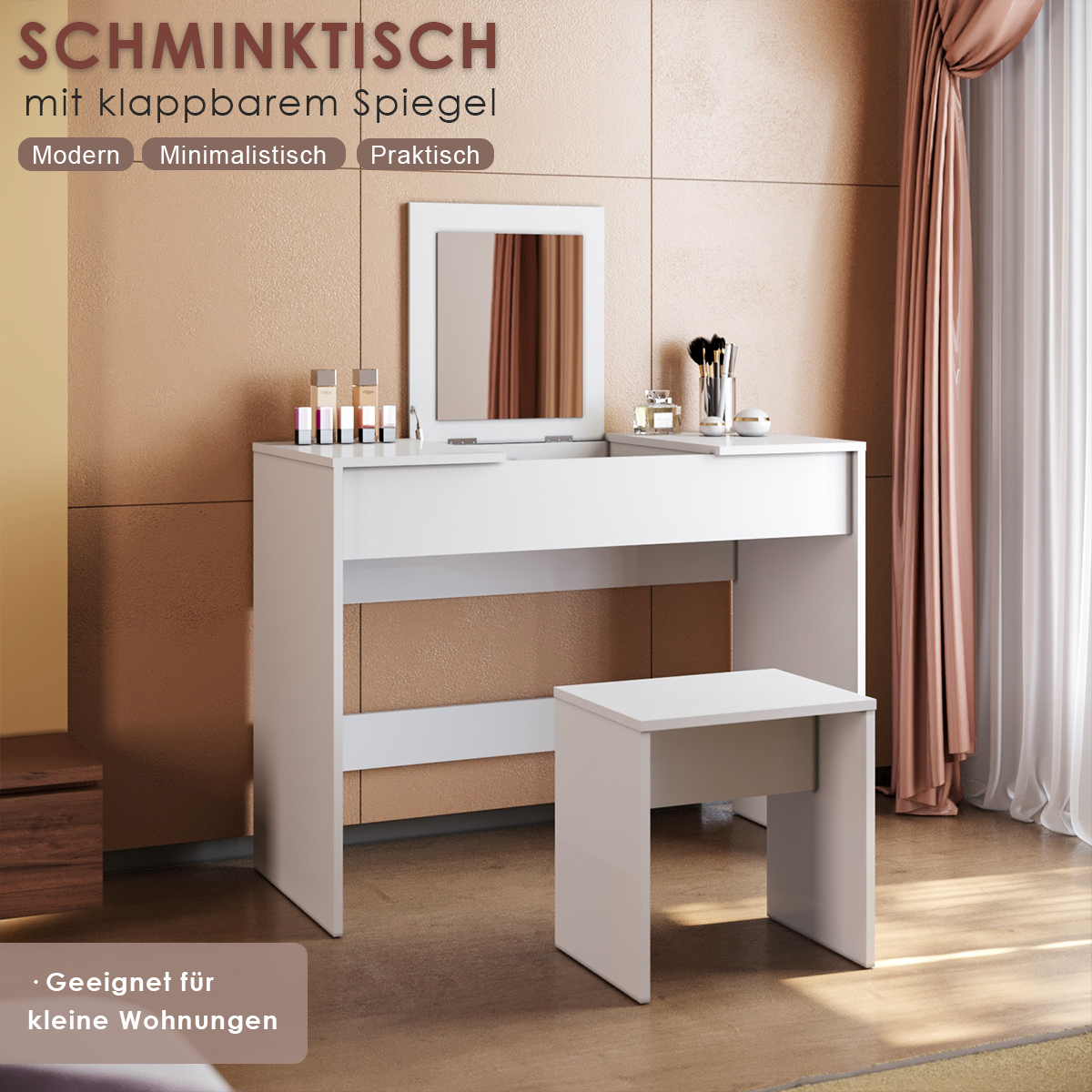 Bild 41 - Schminktisch mit Spiegel Hocker Frisiertisch set mit 3 Schubladen aus Massivholz