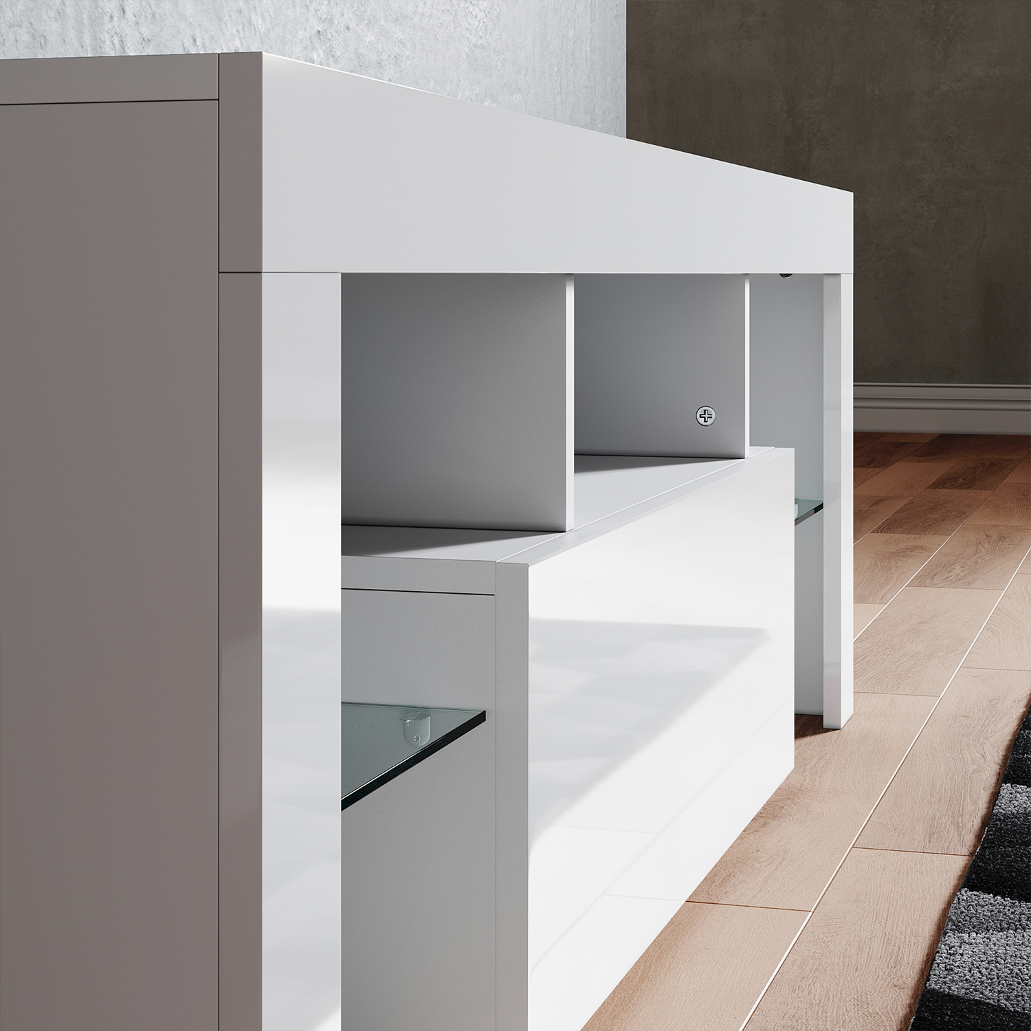 Mueble TV Moderno De 200 Cm Con Luces LED: Blanco, 2 Cajones Y Estantes De Cristal Para Salón O Dormitorio