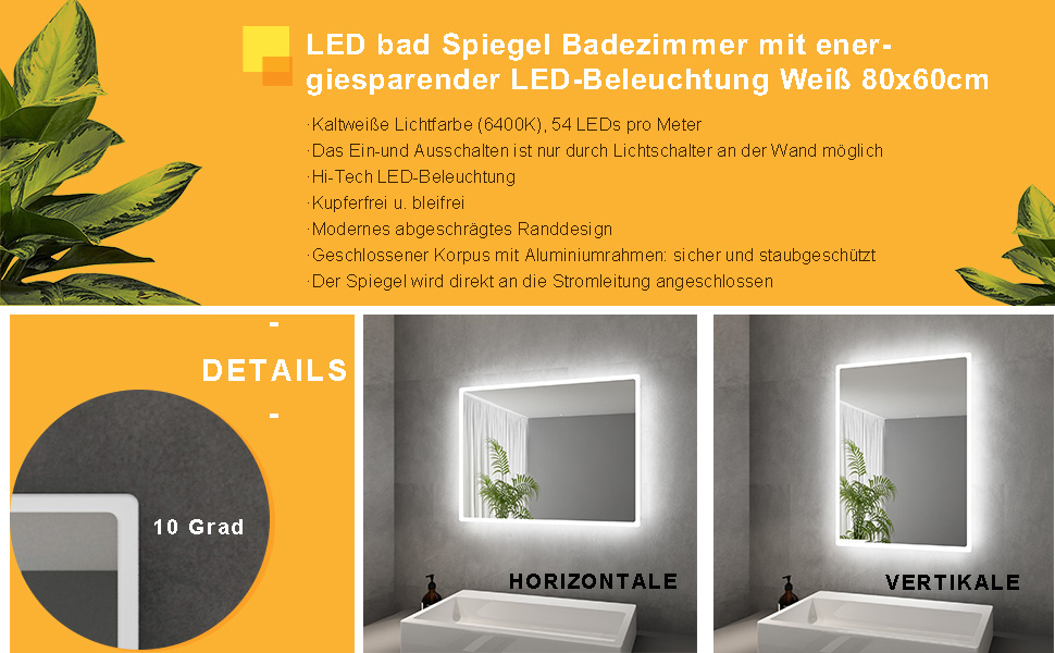 Led Spiegel Badezimmer Mit Energiesparender Led Beleuchtung Kaltweiss Ip44 80x60 Sonni Sanitar Gmbh